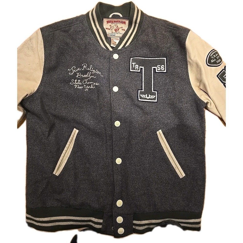 True Religion Richie Men's XXXL Letterman Varsity Jacket Brooklyn Braves Gray - Picture 2 of 7
